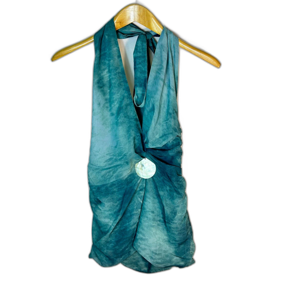 Peppermayo NWOT Teal Watercolor Plunge Halter Backless Mini Dress Size 2 - Picture 4 of 15